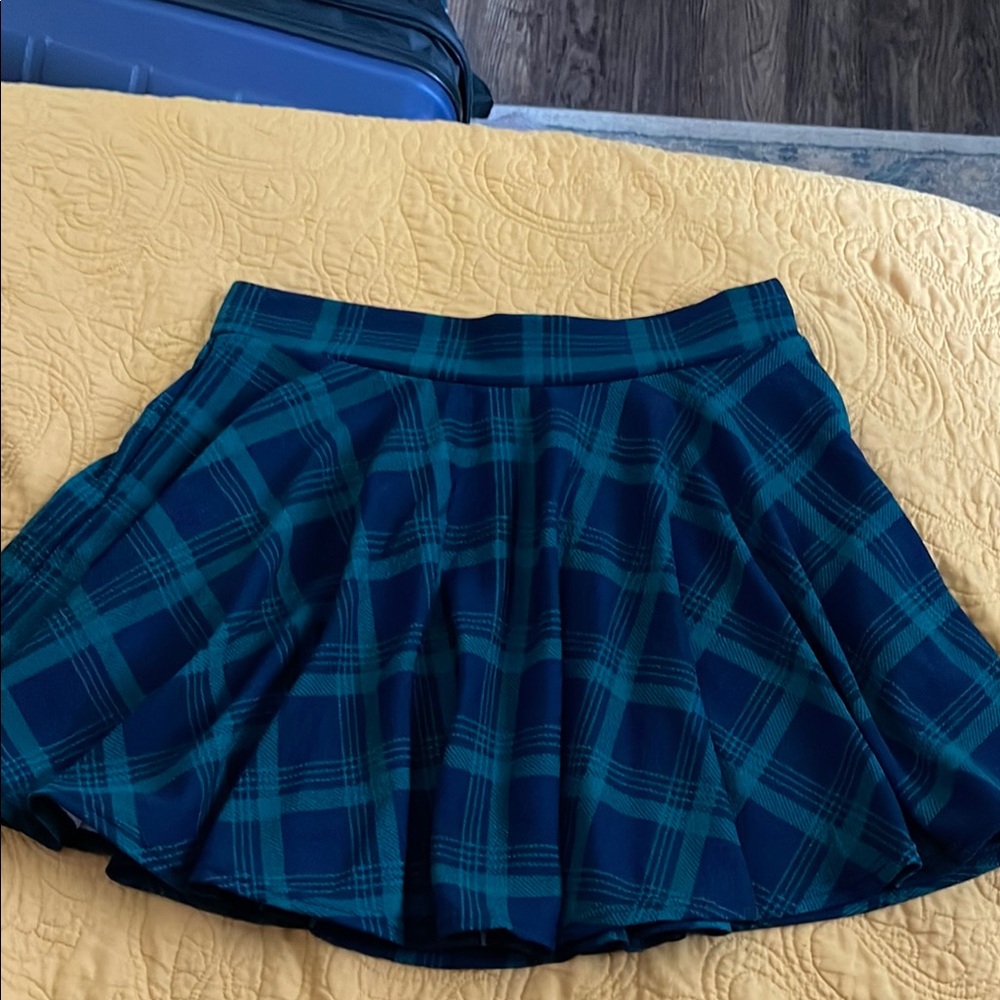 Blue and Black Pleated Skater Mini Skirt